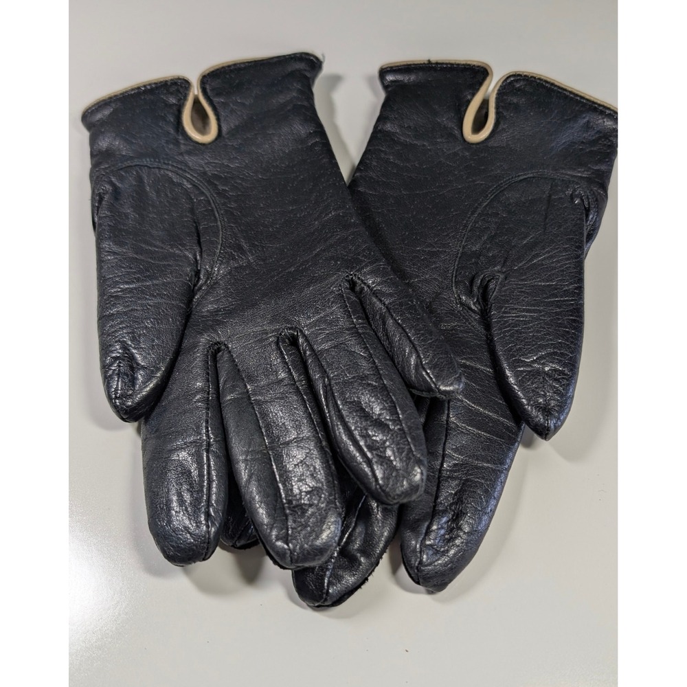 Womens Black Vintage Leather Gloves Tan Trim Acrylic‎ Lined Size M WPL 9745